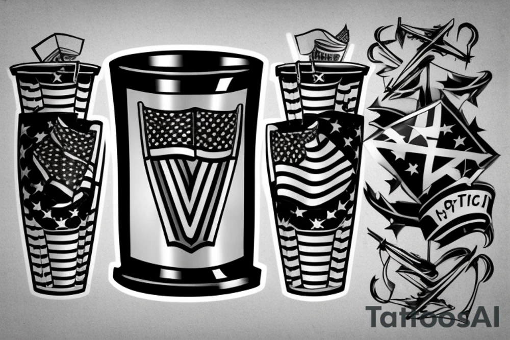 vertical rectangle with a trophy inside and a flag behind the cup with one of the extrems falling of the rectangle tattoo idea