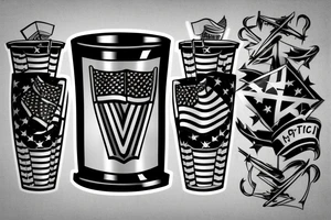 vertical rectangle with a trophy inside and a flag behind the cup with one of the extrems falling of the rectangle tattoo idea
