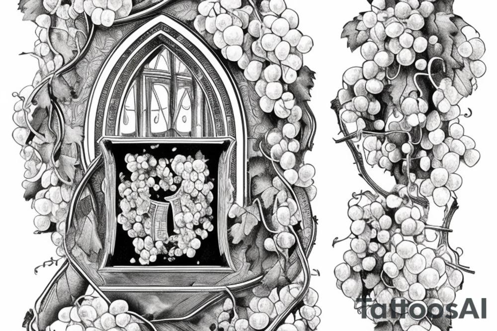 6 playing cards in an arch with grapes and vines running through it and the grapes dripping wine into a glass with a scroll behind the design tattoo idea