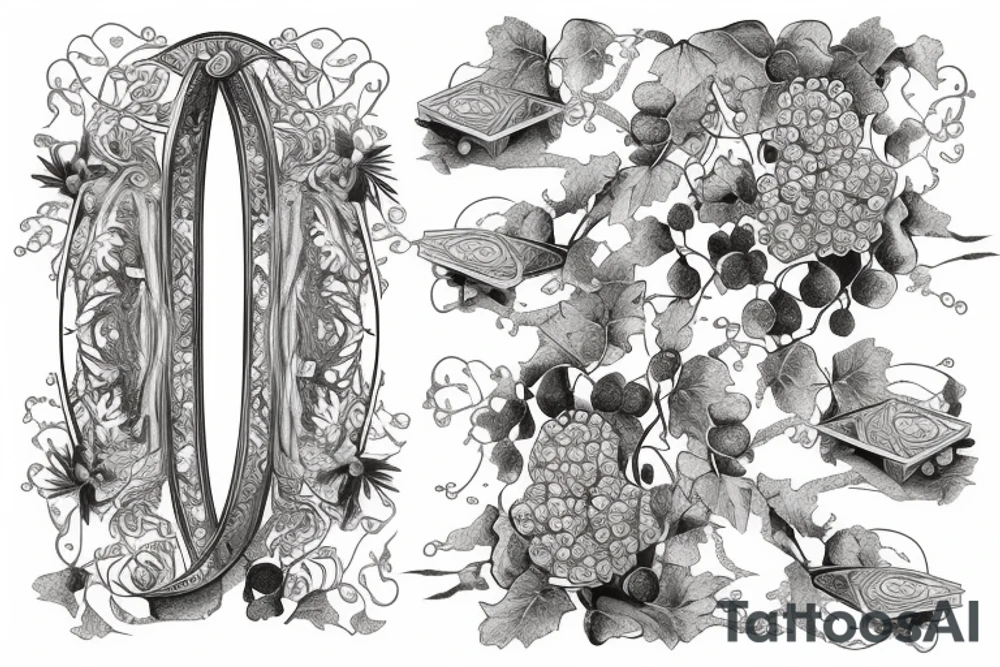 6 playing cards in an arch with grapes and vines running through it and the grapes dripping wine into a glass with a scroll behind the design tattoo idea