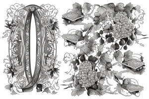 6 playing cards in an arch with grapes and vines running through it and the grapes dripping wine into a glass with a scroll behind the design tattoo idea