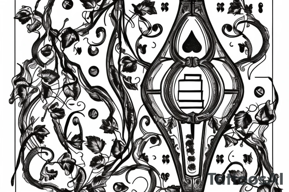 6 playing cards in an arch with grapes and vines running through it and the grapes dripping wine into a glass with a scroll behind the design tattoo idea