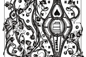 6 playing cards in an arch with grapes and vines running through it and the grapes dripping wine into a glass with a scroll behind the design tattoo idea