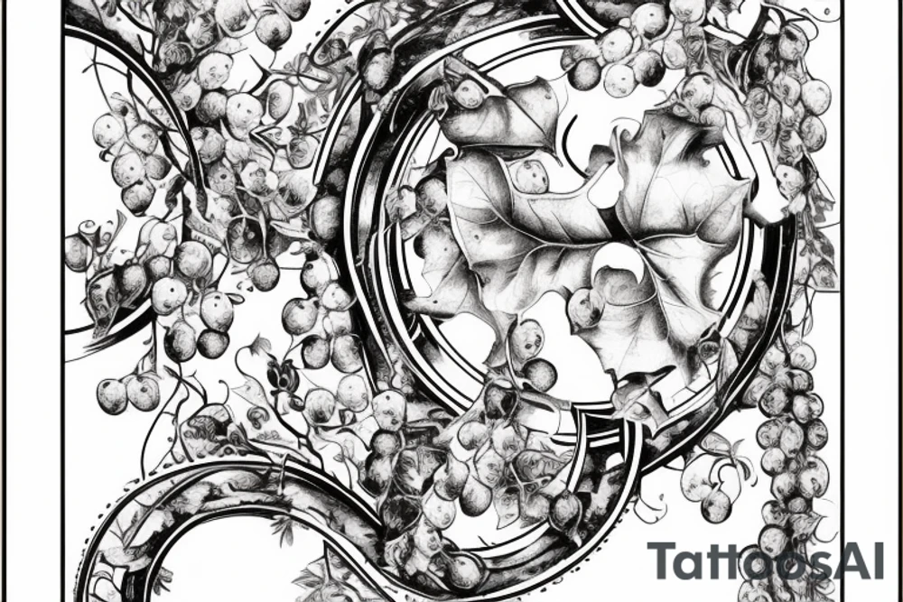 6 playing cards in an arch with grapes and vines running through it and the grapes dripping wine into a glass with a scroll behind the design tattoo idea