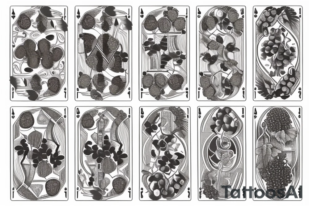 6 playing cards in an arch with grapes and vines running through it and the grapes dripping wine into a glass with a scroll behind the design tattoo idea