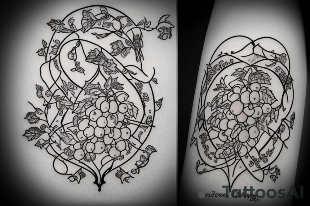 6 playing cards in an arch with grapes and vines running through it and the grapes dripping wine into a glass with a scroll behind the design tattoo idea
