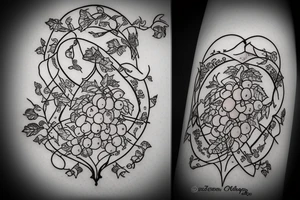 6 playing cards in an arch with grapes and vines running through it and the grapes dripping wine into a glass with a scroll behind the design tattoo idea
