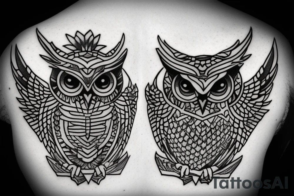 A scale with an owl and sword, justice tattoo idea