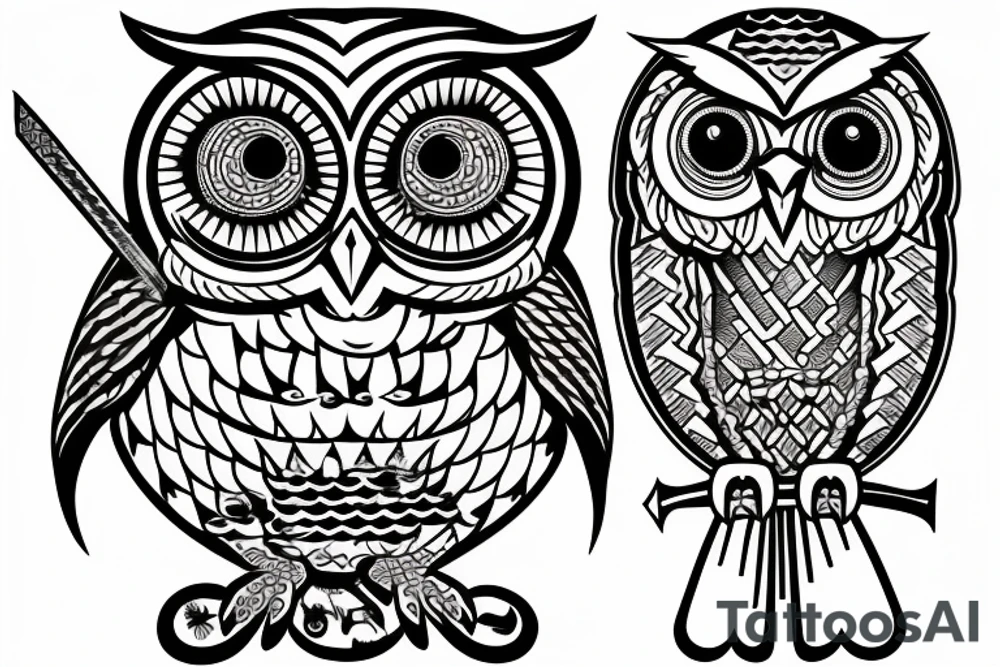 A scale with an owl and sword, justice tattoo idea