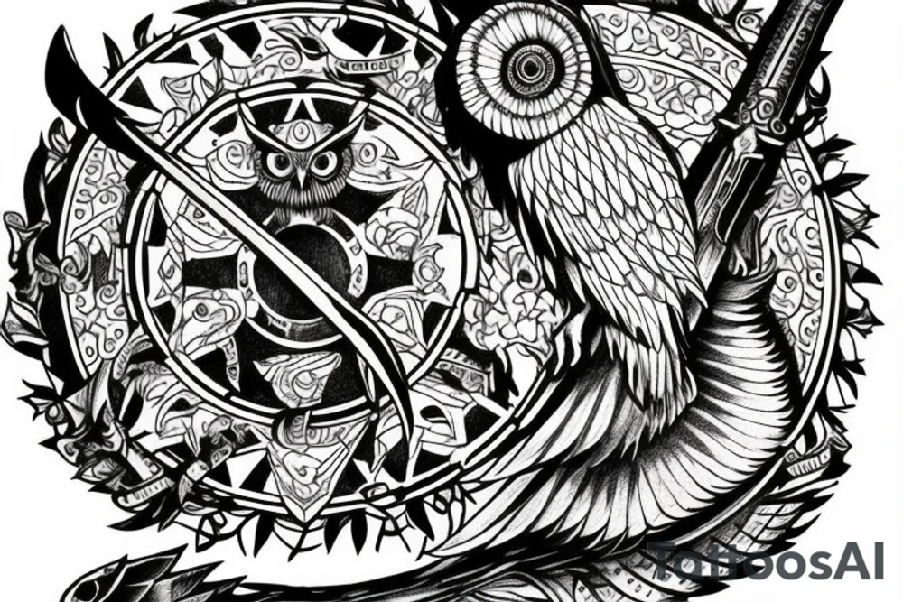 A scale with an owl and sword, justice tattoo idea