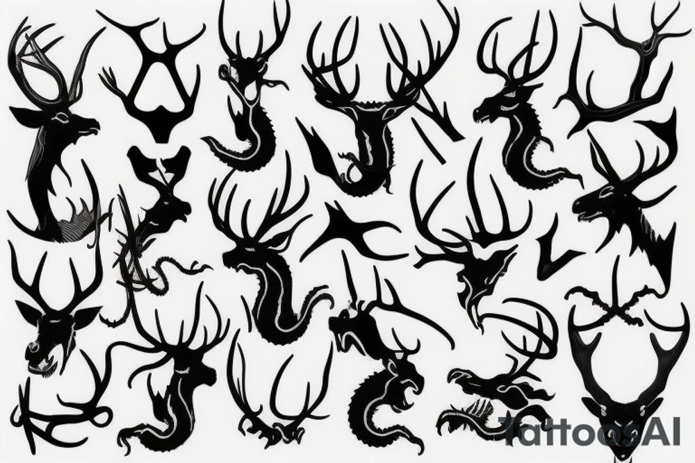 Screaming Dragon deer's with deer's antlers in a squared sketch tattoo idea