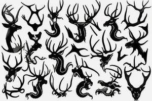 Screaming Dragon deer's with deer's antlers in a squared sketch tattoo idea