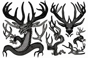Screaming Dragon deer's with deer's antlers in a squared sketch tattoo idea