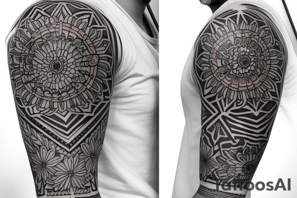 A floral and geometric half sleeve tattoo idea