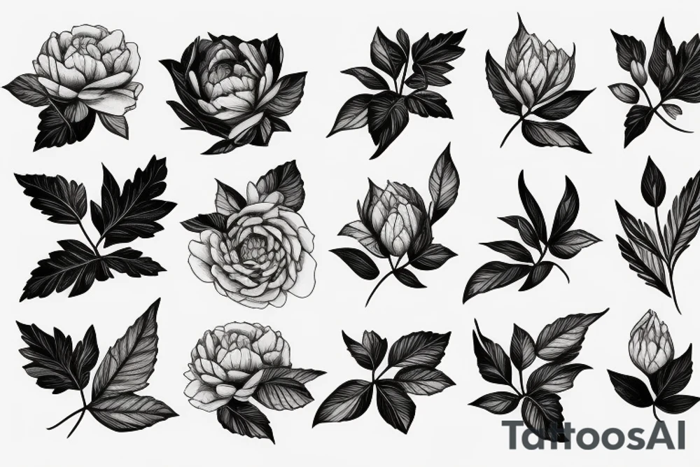 leaves, flower, peony tattoo idea