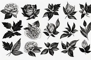 leaves, flower, peony tattoo idea
