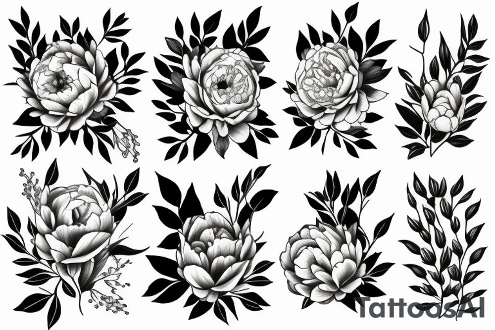 leaves, flower, peony tattoo idea