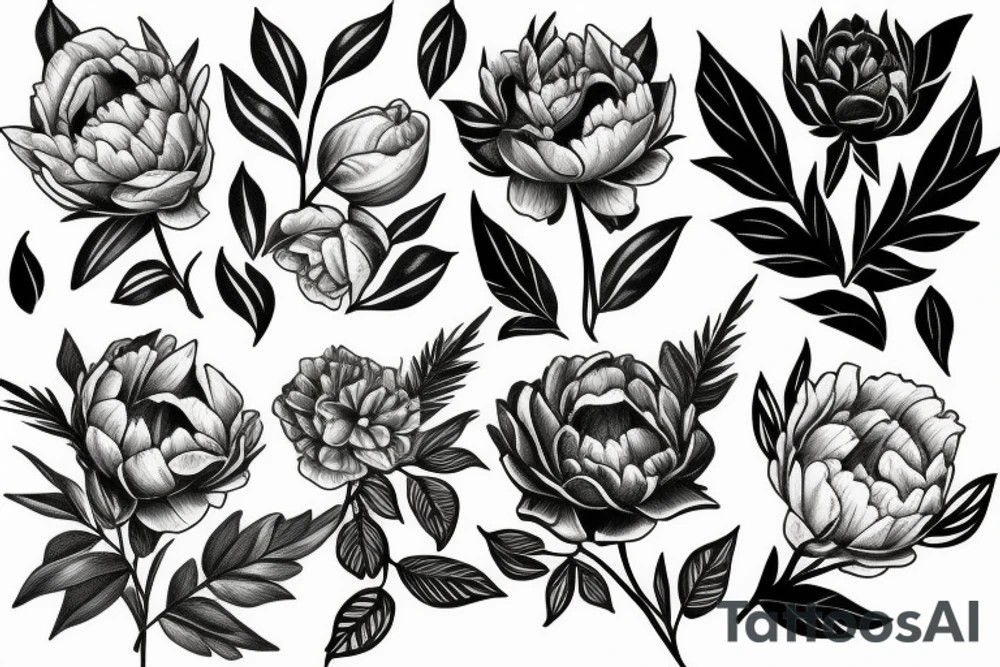 leaves, flower, peony tattoo idea