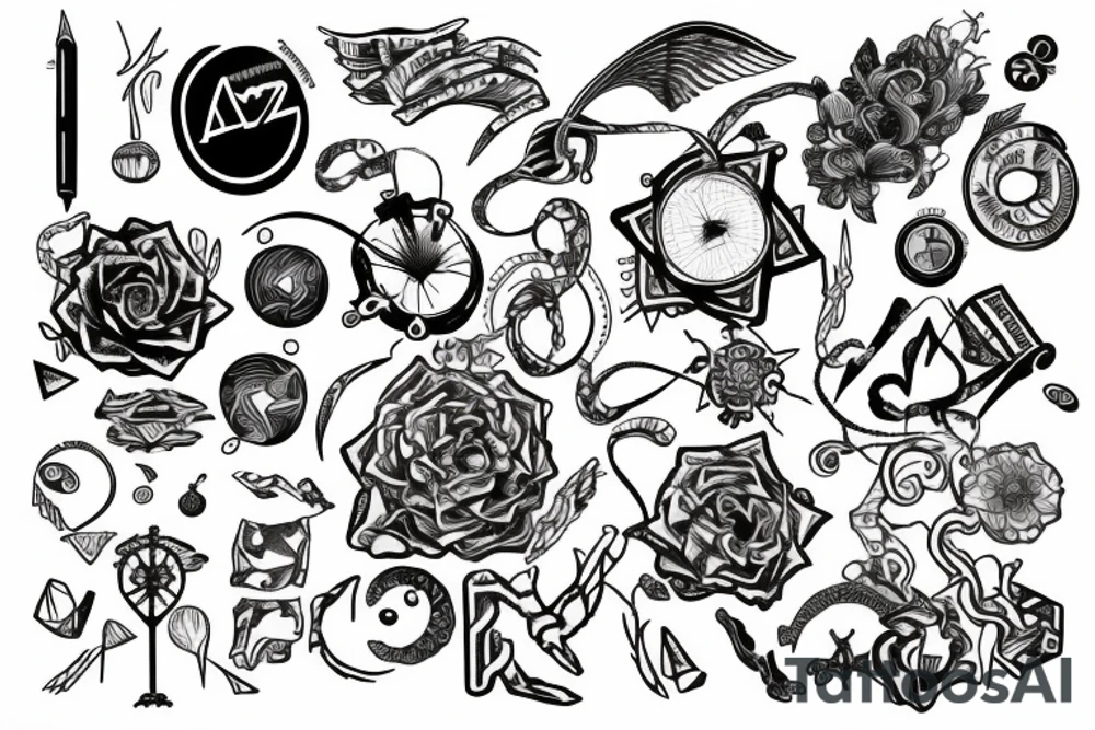 3 symbols mixed together, one representing economy, one representing art and one representing biology tattoo idea