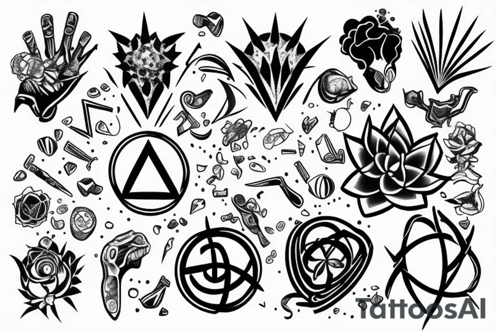 3 symbols mixed together, one representing economy, one representing art and one representing biology tattoo idea