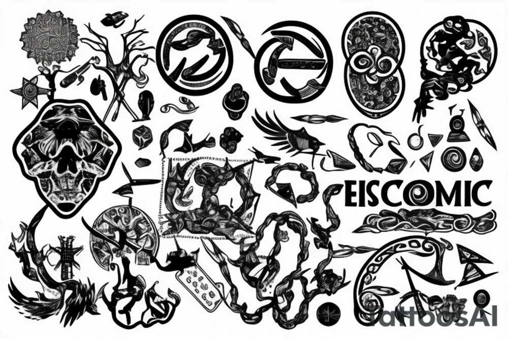 3 symbols mixed together, one representing economy, one representing art and one representing biology tattoo idea