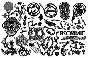 3 symbols mixed together, one representing economy, one representing art and one representing biology tattoo idea