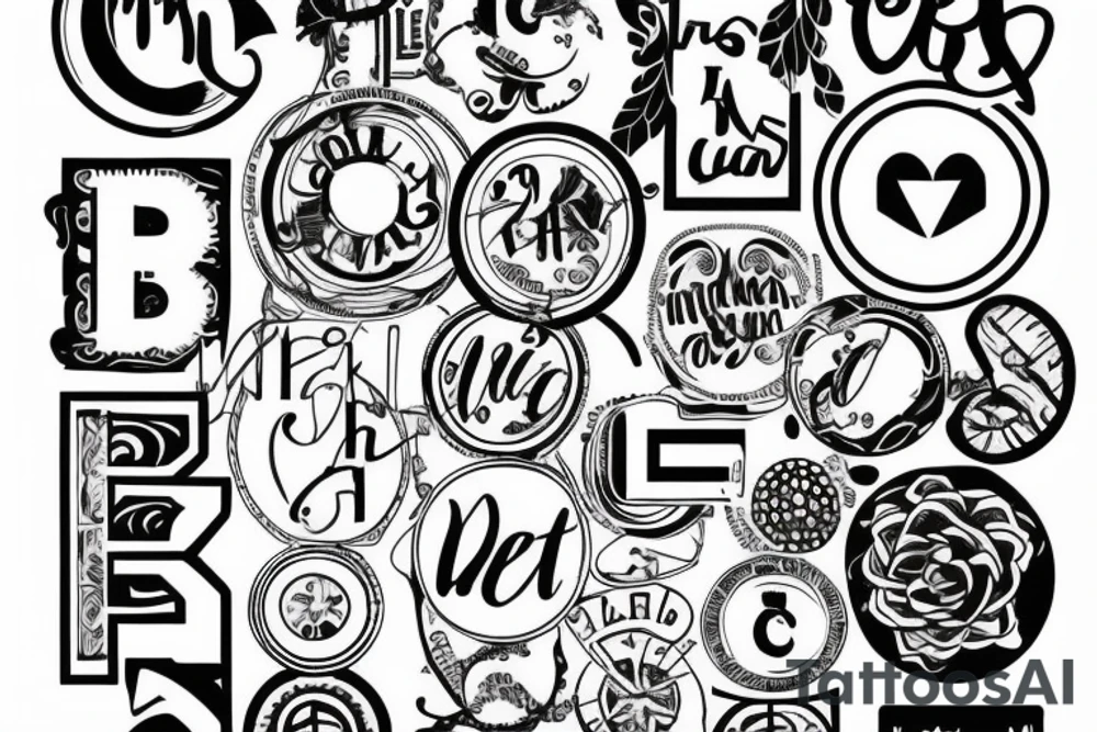 Interlocking thin circles and letters collaging and mixing tattoo idea
