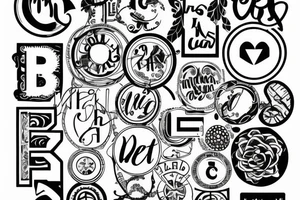 Interlocking thin circles and letters collaging and mixing tattoo idea