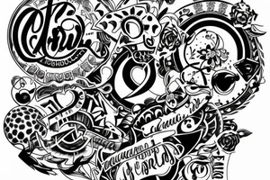 Interlocking thin circles and letters collaging and mixing tattoo idea