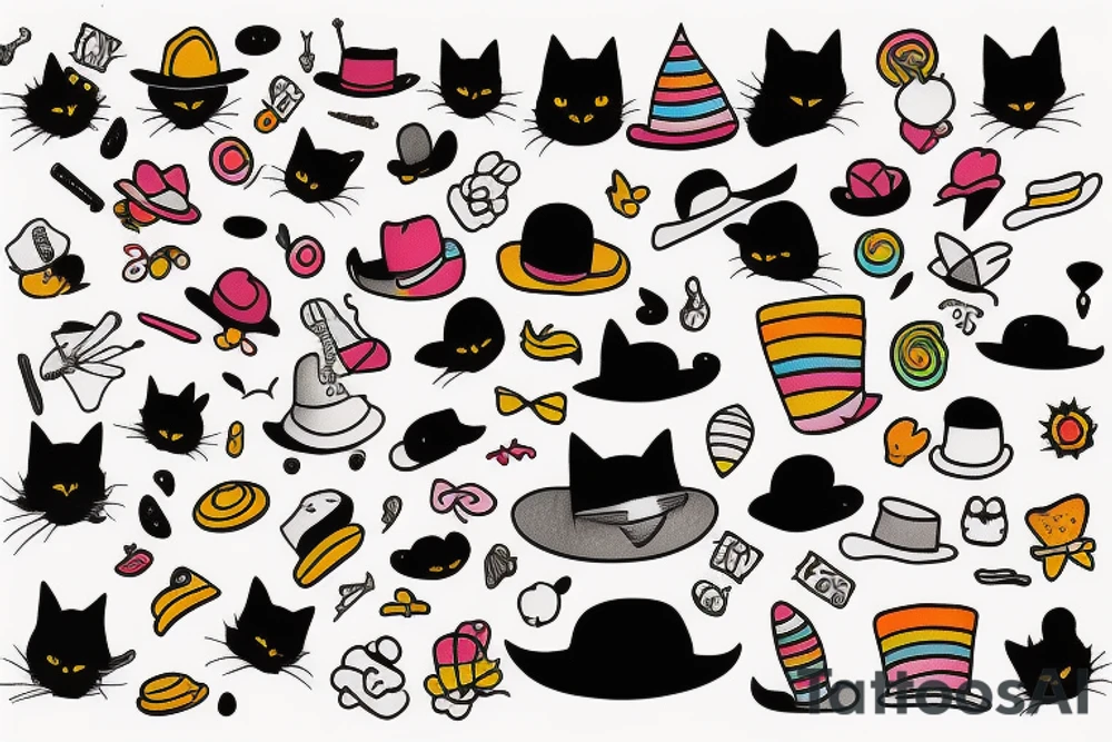 Black cat with a funny hat and a sweater tattoo idea