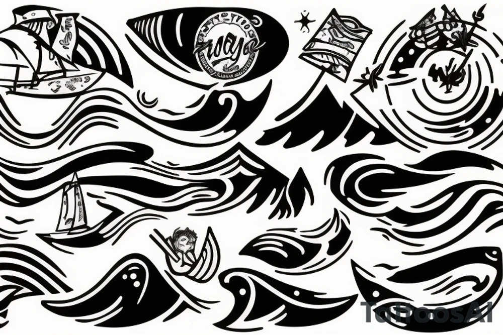 Sailer tattoo with people waves and sunset tattoo idea