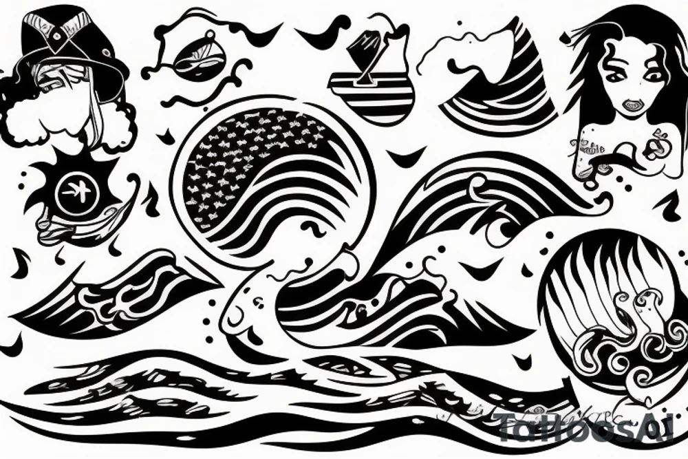 Sailer tattoo with people waves and sunset tattoo idea