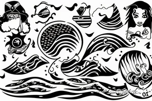 Sailer tattoo with people waves and sunset tattoo idea