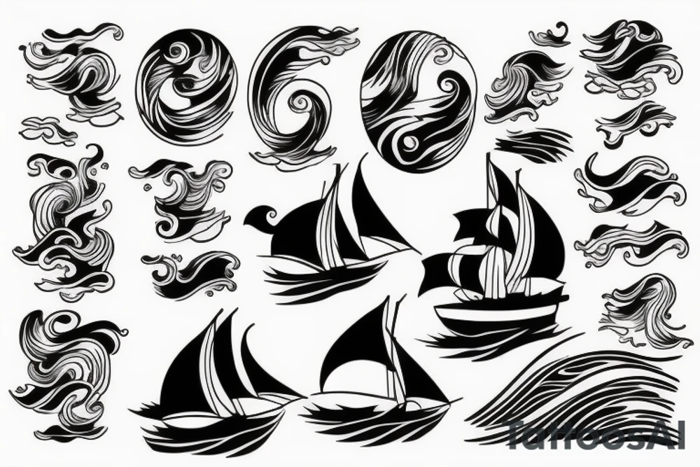 Sailer tattoo with people waves and sunset tattoo idea