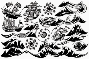 Sailer tattoo with people waves and sunset tattoo idea