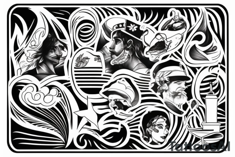 Sailer tattoo with people waves and sunset tattoo idea