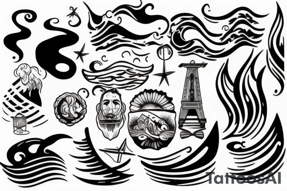 Sailer tattoo with people waves and sunset tattoo idea