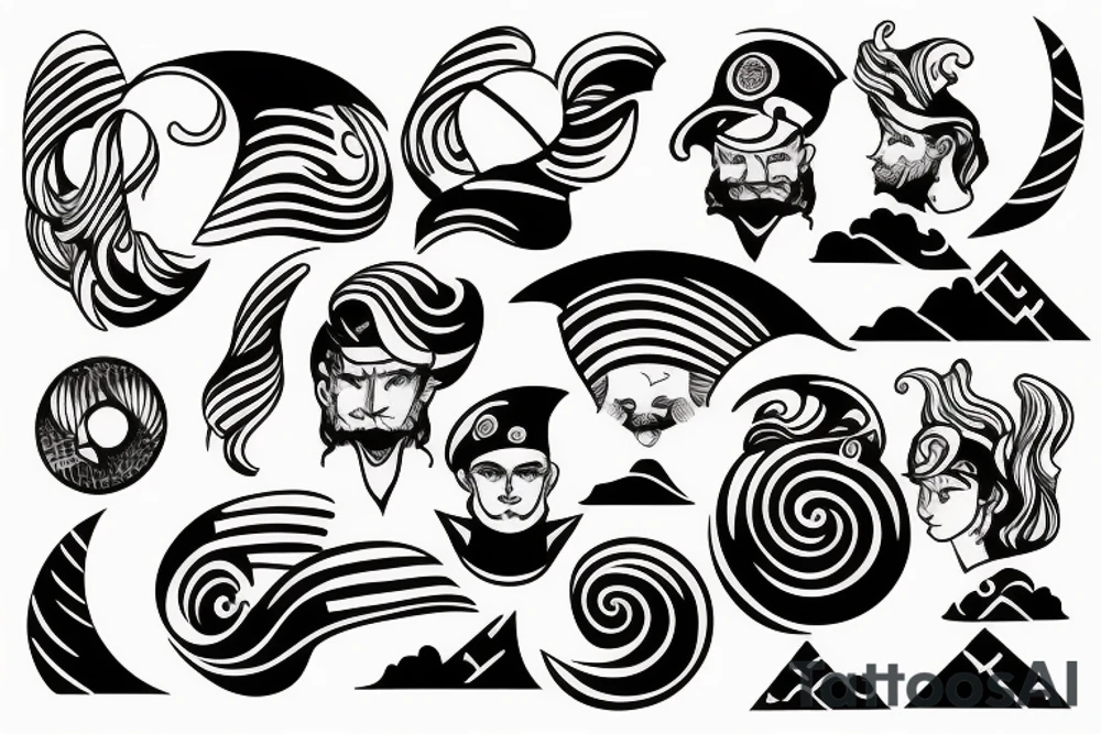 Sailer tattoo with people waves and sunset tattoo idea