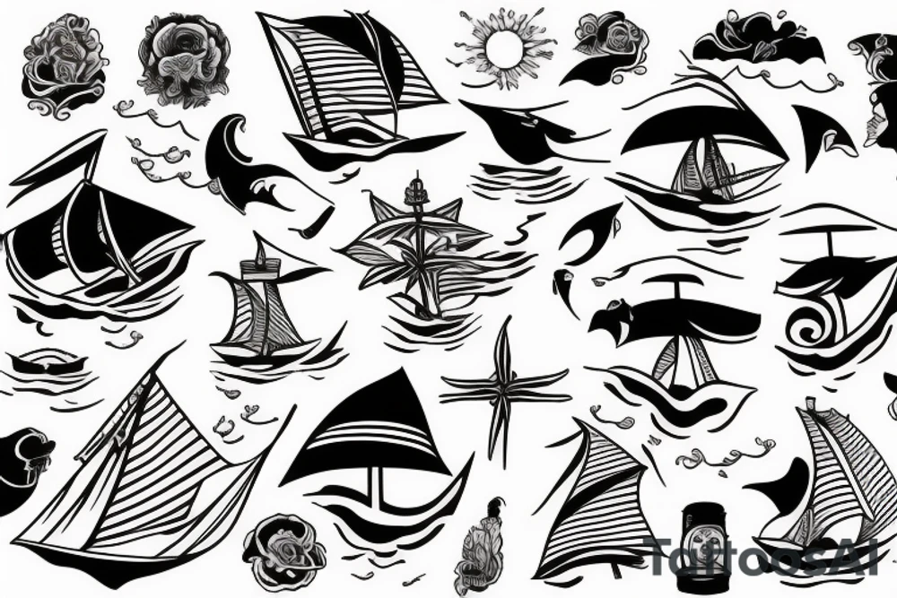 Sailer tattoo with people waves and sunset tattoo idea