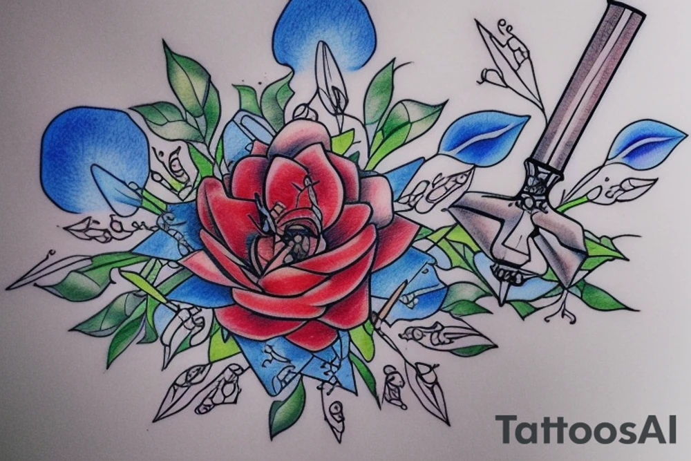 Wilting flower with a design on each petal, a bloody dagger on one petal, a sledgehammer on the next, a cluster of blue marbles, a severed blue hand, a katana, and blue fire weaving through it, frost on the edges of the flower petals, sparks of light and music notes on the stem of the flower tattoo idea