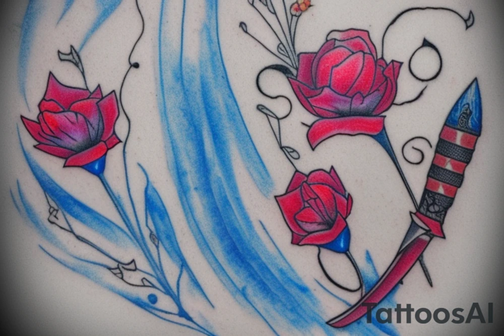Wilting flower with a design on each petal, a bloody dagger on one petal, a sledgehammer on the next, a cluster of blue marbles, a severed blue hand, a katana, and blue fire weaving through it, frost on the edges of the flower petals, sparks of light and music notes on the stem of the flower tattoo idea