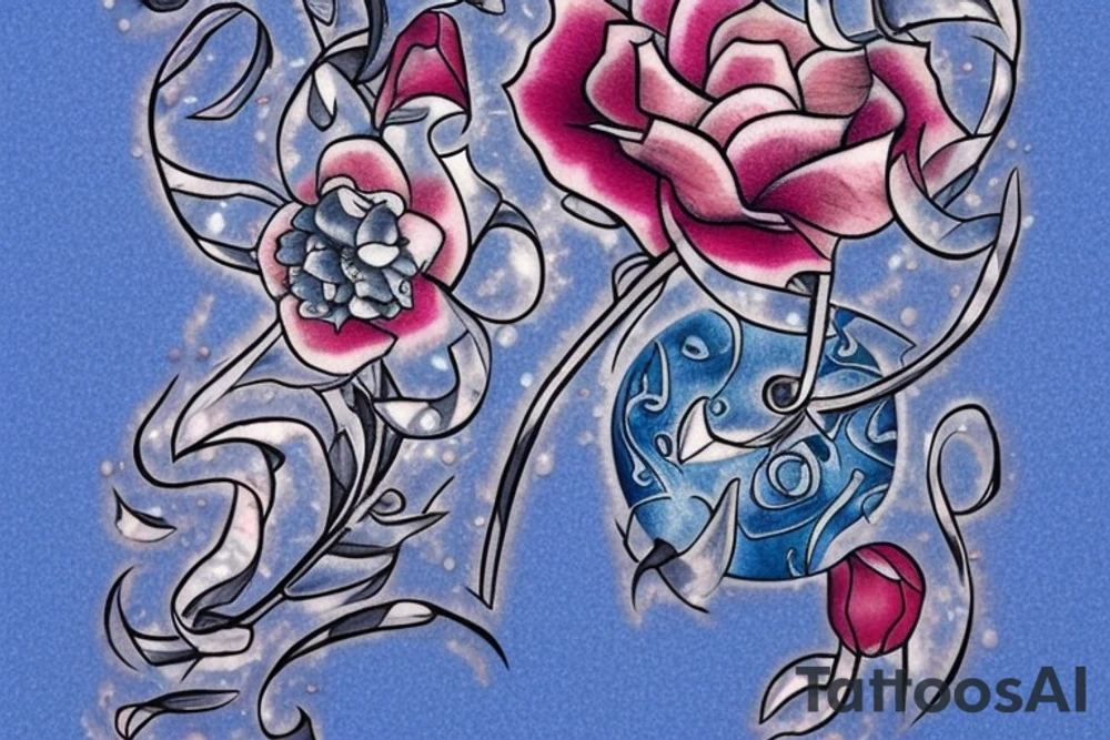 Wilting flower with a design on each petal, a bloody dagger on one petal, a sledgehammer on the next, a cluster of blue marbles, a severed blue hand, a katana, and blue fire weaving through it, frost on the edges of the flower petals, sparks of light and music notes on the stem of the flower tattoo idea