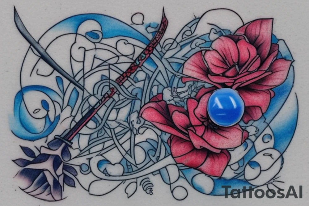 Wilting flower with a design on each petal, a bloody dagger on one petal, a sledgehammer on the next, a cluster of blue marbles, a severed blue hand, a katana, and blue fire weaving through it, frost on the edges of the flower petals, sparks of light and music notes on the stem of the flower tattoo idea