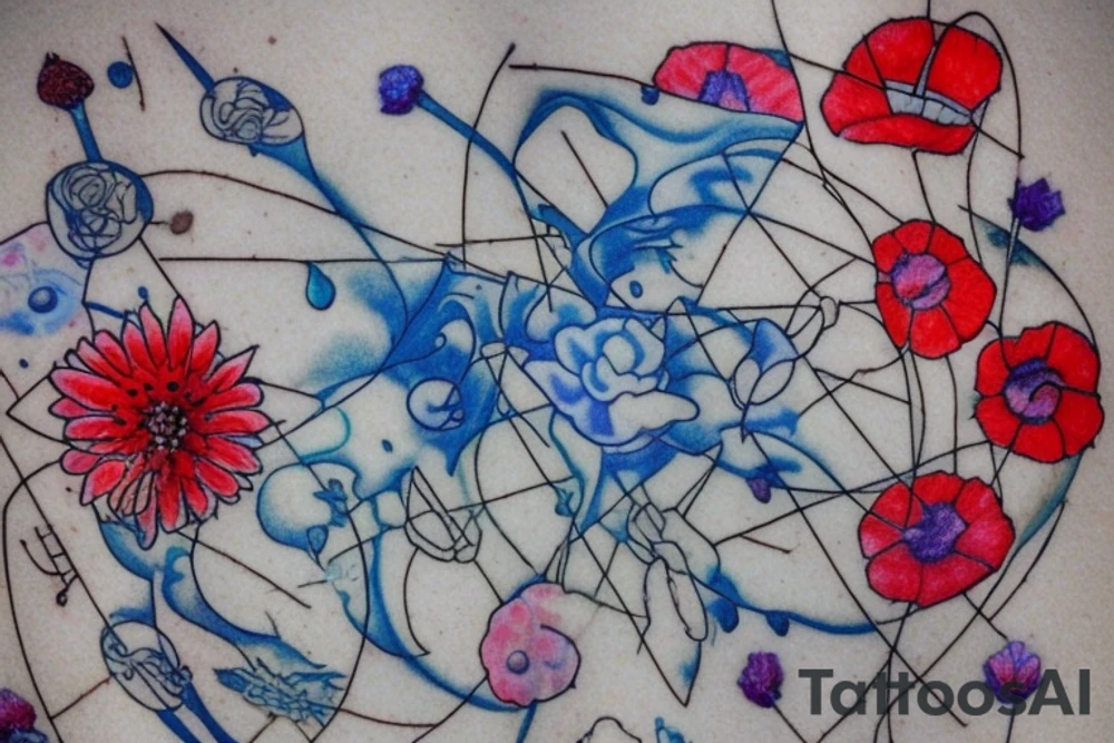 Wilting flower with a design on each petal, a bloody dagger on one petal, a sledgehammer on the next, a cluster of blue marbles, a severed blue hand, a katana, and blue fire weaving through it, frost on the edges of the flower petals, sparks of light and music notes on the stem of the flower tattoo idea