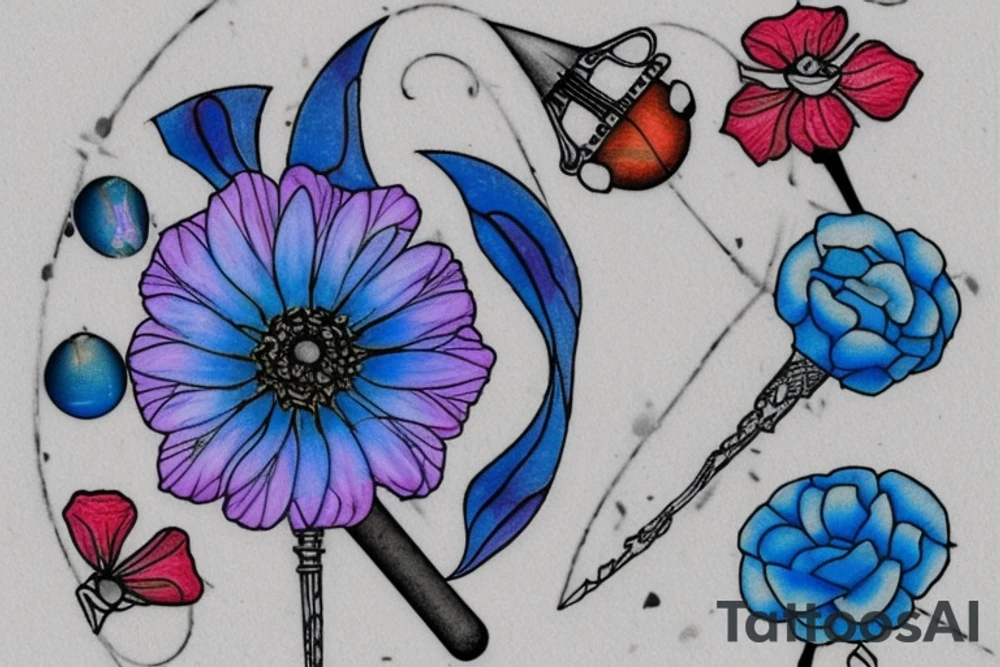 Wilting flower with a design on each petal, a bloody dagger on one petal, a sledgehammer on the next, a cluster of blue marbles, a severed blue hand, a katana, and blue fire weaving through it, frost on the edges of the flower petals, sparks of light and music notes on the stem of the flower tattoo idea