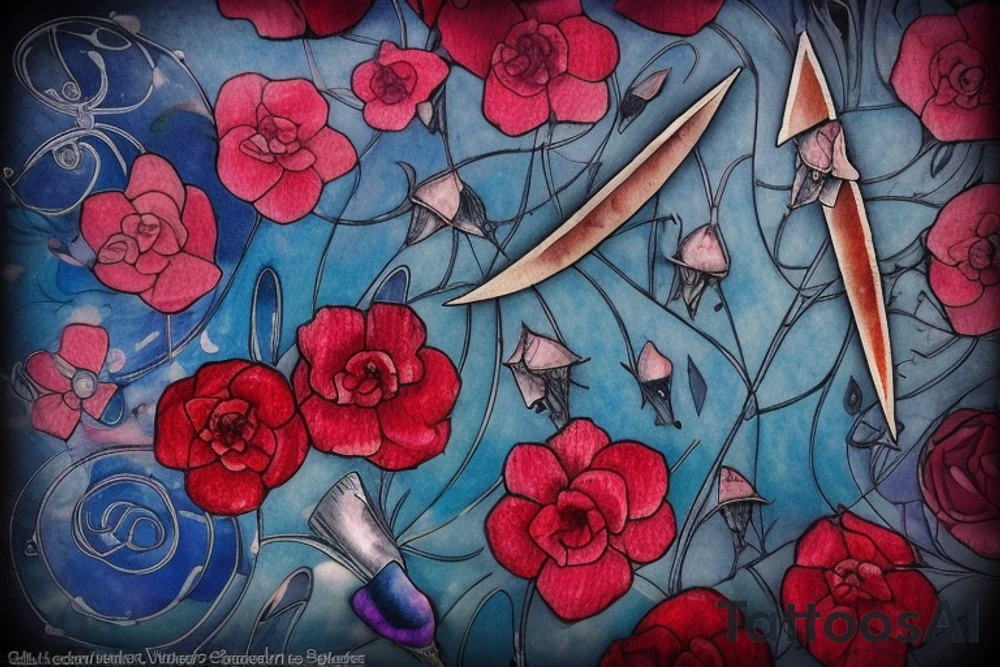 Wilting flower with a design on each petal, a bloody dagger on one petal, a sledgehammer on the next, a cluster of blue marbles, a severed blue hand, a katana, and blue fire weaving through it, frost on the edges of the flower petals, sparks of light and music notes on the stem of the flower tattoo idea