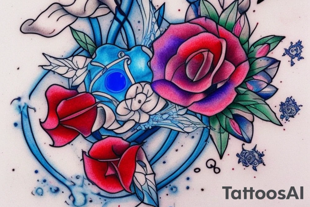 Wilting flower with a design on each petal, a bloody dagger on one petal, a sledgehammer on the next, a cluster of blue marbles, a severed blue hand, a katana, and blue fire weaving through it, frost on the edges of the flower petals, sparks of light and music notes on the stem of the flower tattoo idea