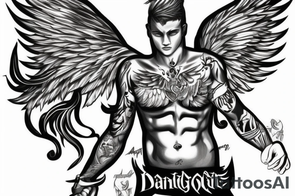 Cool male angel with huge wings and a weapon tattoo idea