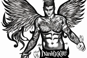Cool male angel with huge wings and a weapon tattoo idea