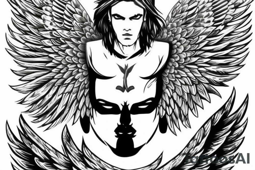 Cool male angel with huge wings and a weapon tattoo idea
